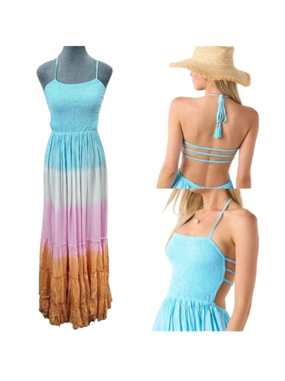 Tiare Hawaii Naia Maxi Dress Women’s O/S Peach Blue Ombre Smocked Boho Beachy